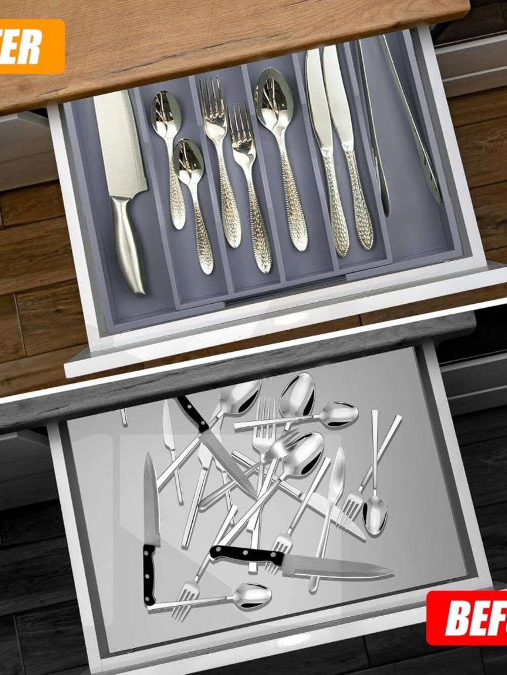 Kitchen Silverware Drawer Organizer and Storage Bamboo Wood Cooking Utensil Hold - Picture 4 of 8
